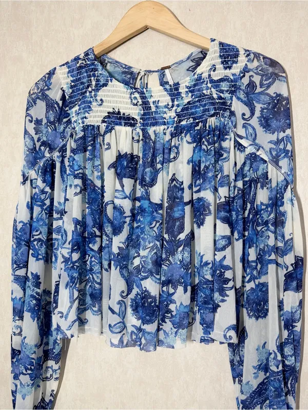 Free People Women’s Up For Anything Western Shirt Smocked Mesh Floral Blue S - Image 5