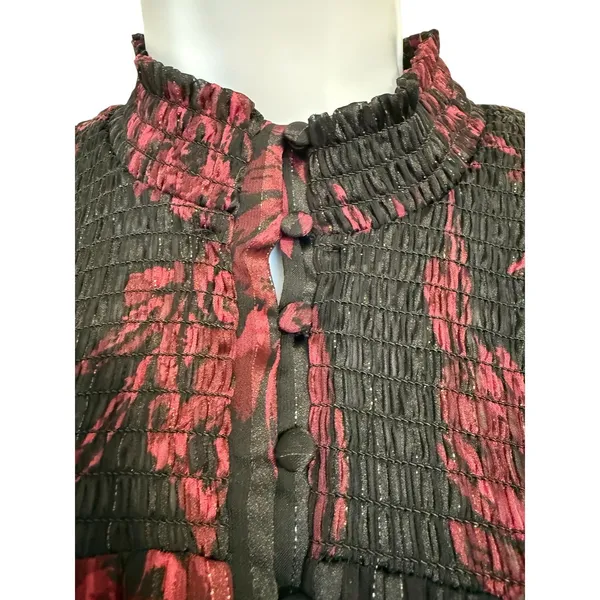 WHITE HOUSE BLACK MARKET Dress Black‎ Red Floral Ruffle Sleeve Smocked EUC XS - Image 3