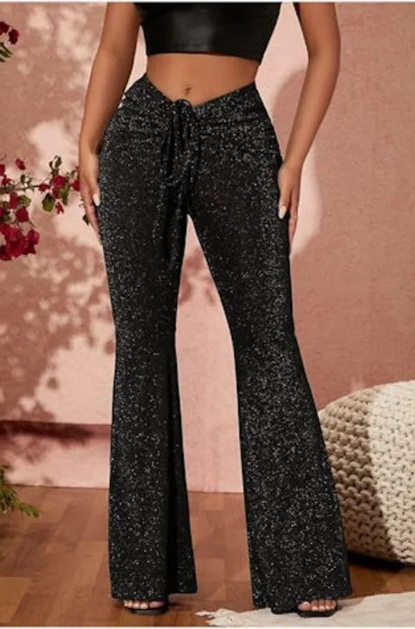 SOLY HUX Metallic Sequin Tie Front Elastic Waist Flare Leg Bottom Disco Pants XL - Image 6