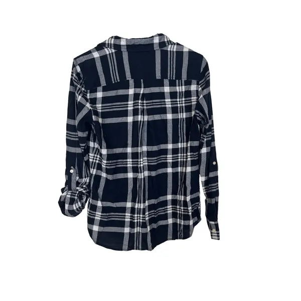 Tommy Hilfiger Womens S Blue Plaid Roll Tab Long Sleeve 3/4 Button-Down Flannel - Image 8