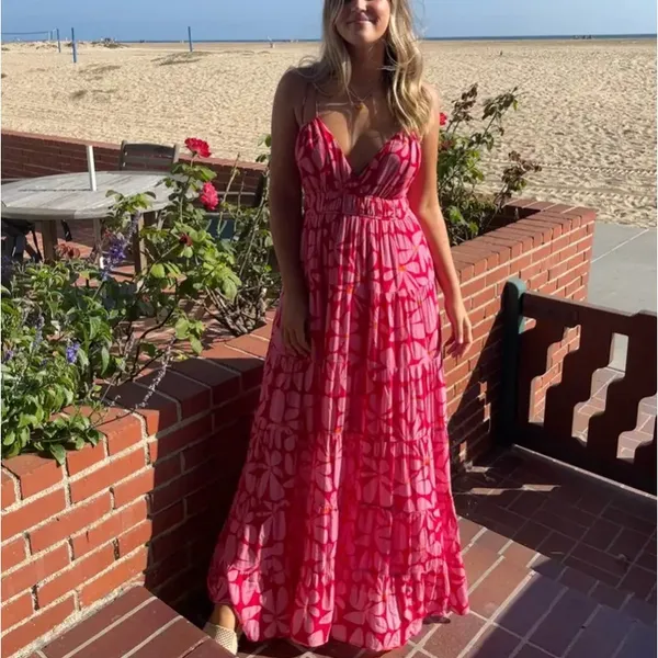 Hutch Pink Floral Tiered Ruffle Maxi Dress MEDIUM Sundress Cottage Vacation $270 - Image 4