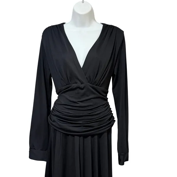 Lapis Women Black Ruched Wrap V-Neck Long Sleeve Pleated Midi Dress Size M 382L - Image 4