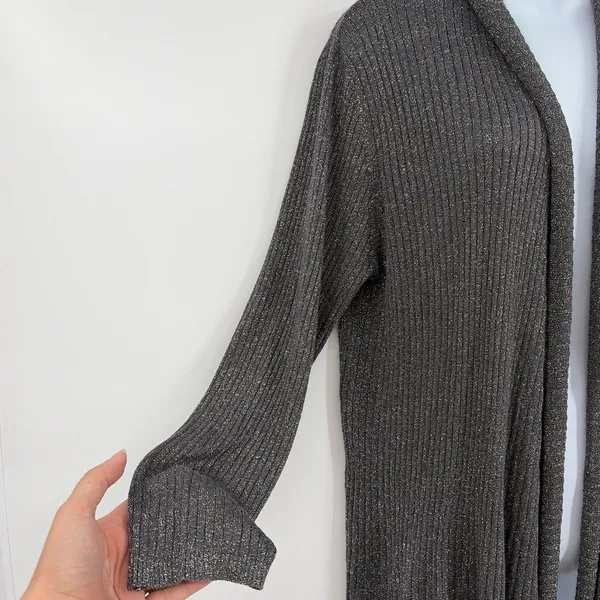 Chico's Ribbed Shimmery Womens Sweater Cardigan Sz XL Holiday Glam Metallic Open - Image 3