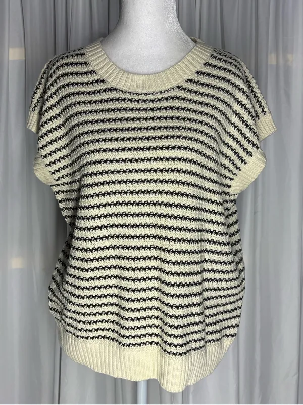 Striped Cream & Black Short-Sleeve Knit Sweater Size M - Image 3