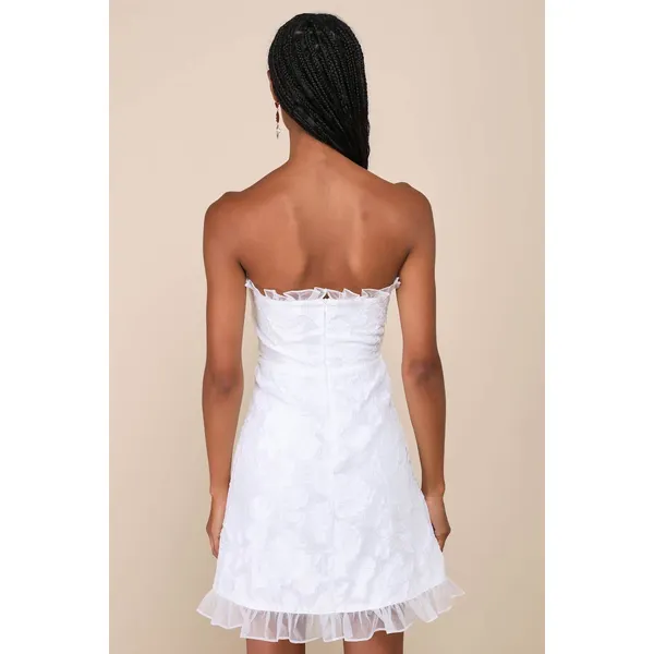 NWT Lulus Exclusive Sweetness White Floral Jacquard Ruffled Mini Dress Bride L - Image 3