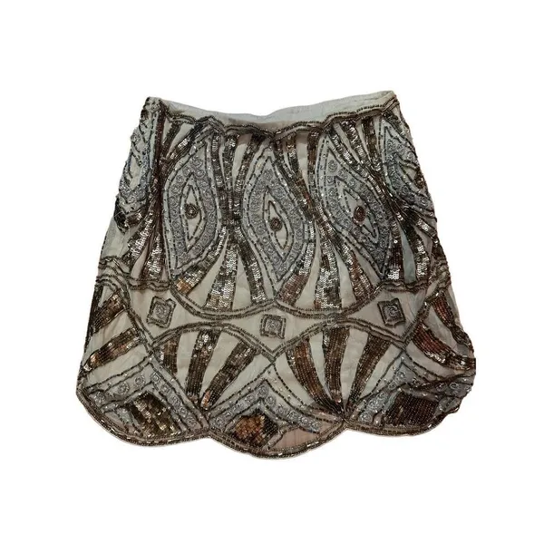 Free People Daydreaming Embellished Mini Beaded Skirt Antique Gold‎ Sz 0 - Image 5