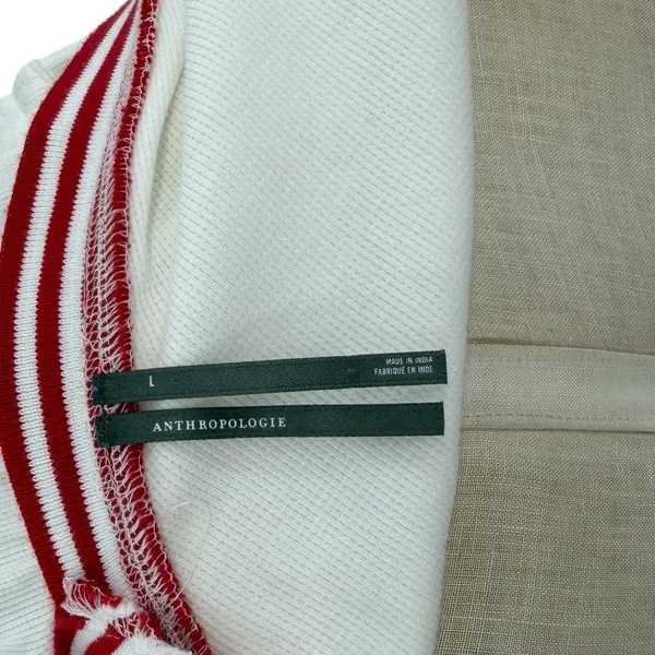 Anthropologie Waffle Knit Romper Varsity Stripe Deep V‎ Back White Red Large - Image 11