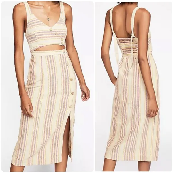 Free People Ultraviolet Midi Cotton Linen Cutout Striped Dress Size SP - Image 2