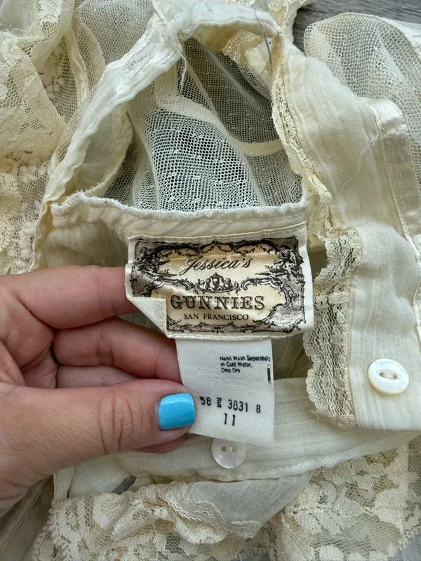 70s Gunne Sax Gauze Edwardian Lace Ruffle Blouse Victorian‎ size 11 - small - Image 4