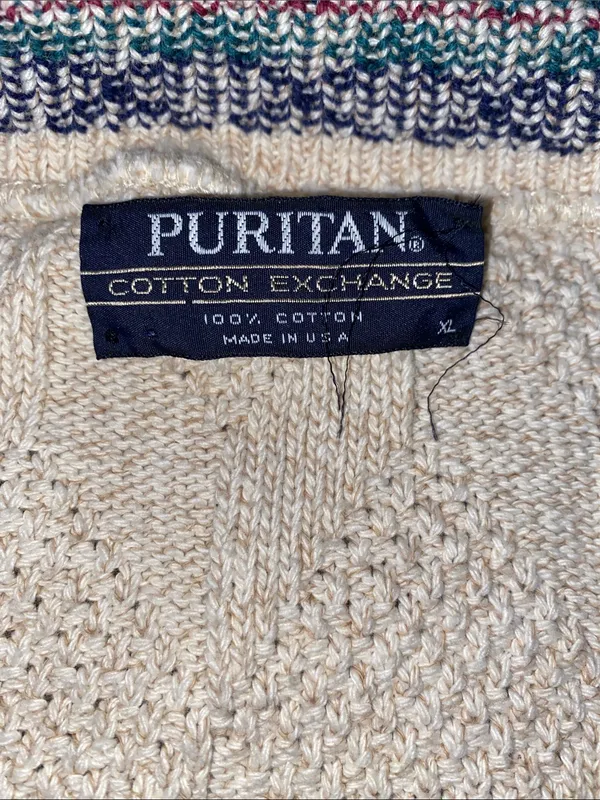 Puritan Cotton Cream Cable Cardigan with Blue Trim and Teal Accents Oversized - Image 2