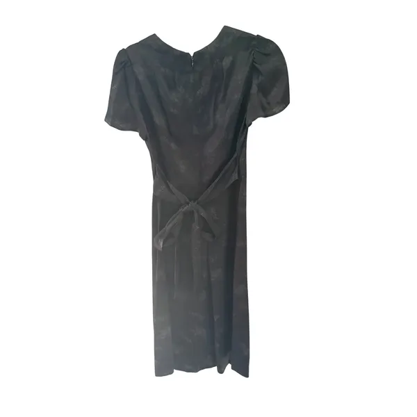 Vintage Whimsigoth Black Floral Jacquard Midi Dress Sweetheart Bow Flutter Sl - Image 4