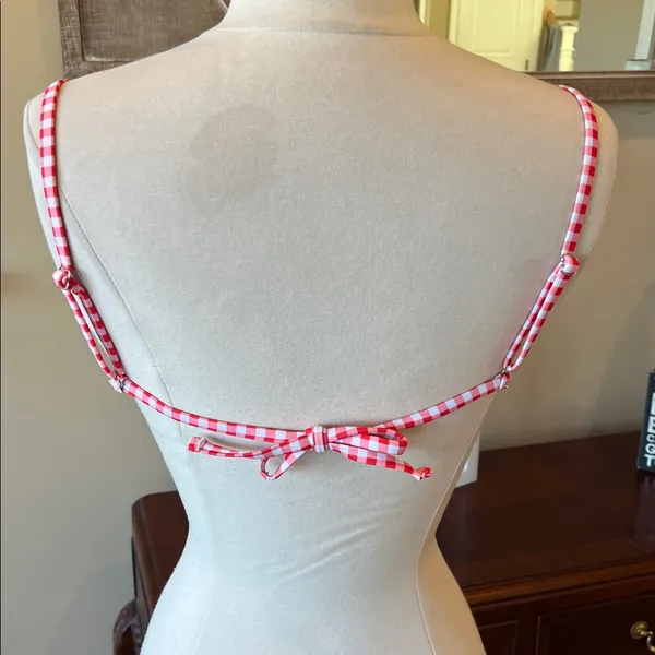 Red and White Check with Lace Trim Bikini Top Bottoms Set Women’s Large - Image 7