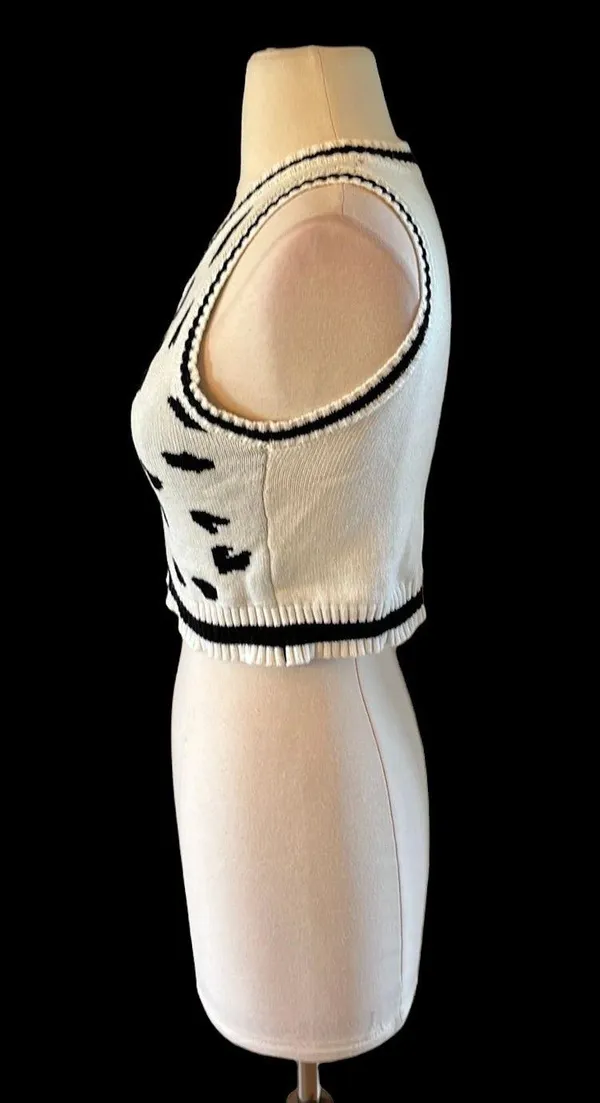 Crop Sweater White Black V Neck Lightweight Womens Small - Image 3