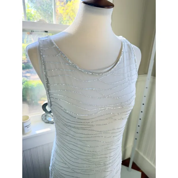 Escada White Beaded Mesh Overlay Sheath Midi Dress Sleeveless Size M - Image 9