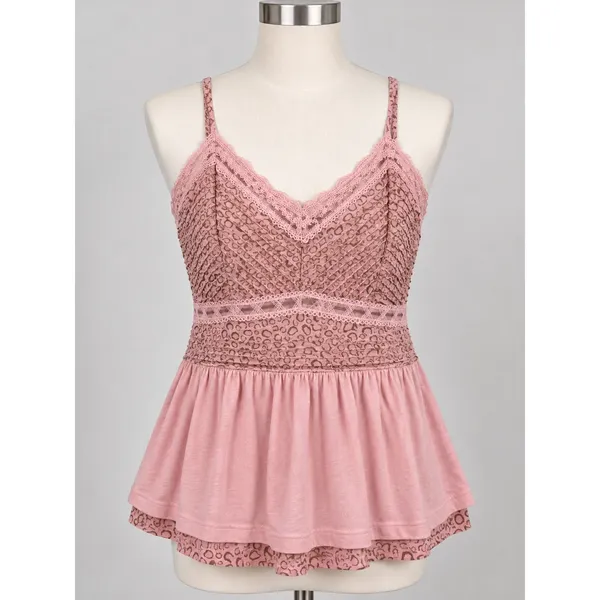 POL Pink Leopard Lace Trim Peplum Camisole Top Women's Size Medium - Image 2