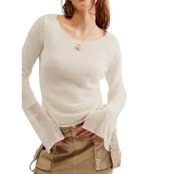 Free People Beau Ivory Mesh‎ Open Knit Long Sleeve Scoop Neck Top XS OB1647781 - Image 2