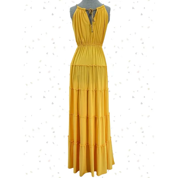 Yellow Goddess Maxi Dress Gold Rope Halter Tiered Long Resort T Bags LA Size S - Image 4