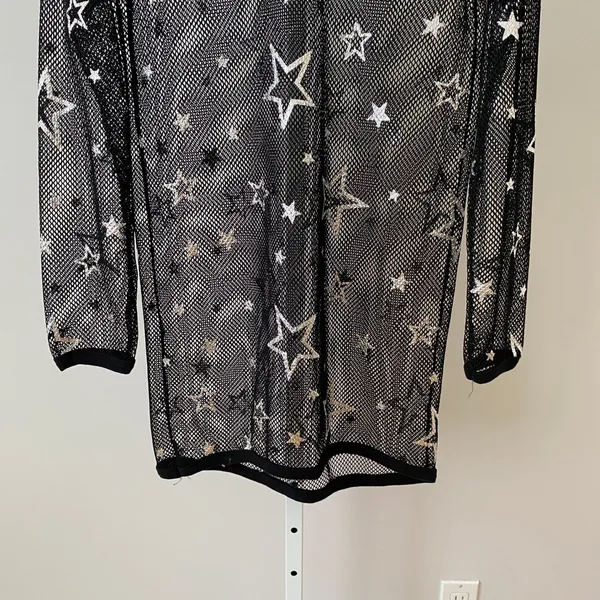 Goth Rave Goth Moody Feminine‎ L Black Mesh Star Print Top Sheer Celestial Rave - Image 3