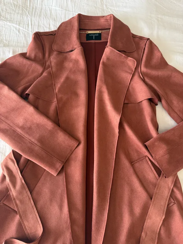 Rust Orange Faux Suede Belted Trench Coat - Image 2