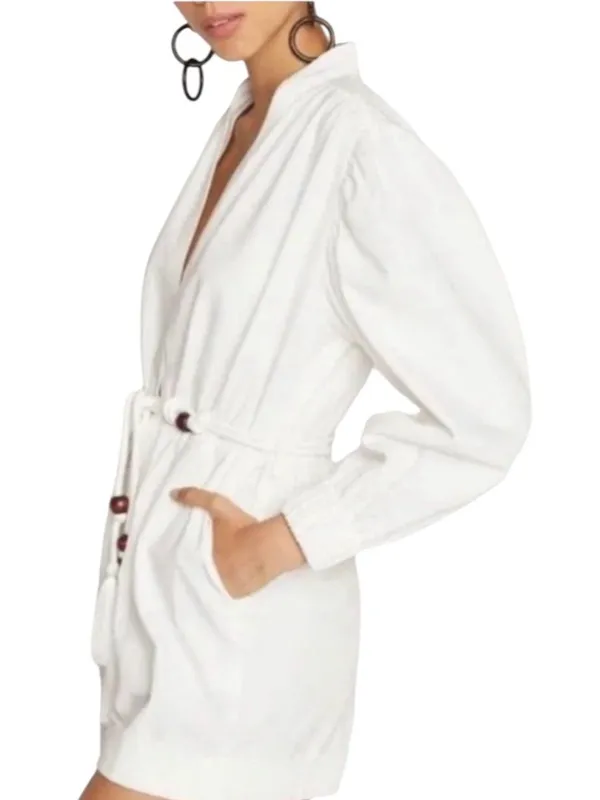 White V-Neck Long Sleeve Romper with Tassel Drawstring XS NWT - Image 3
