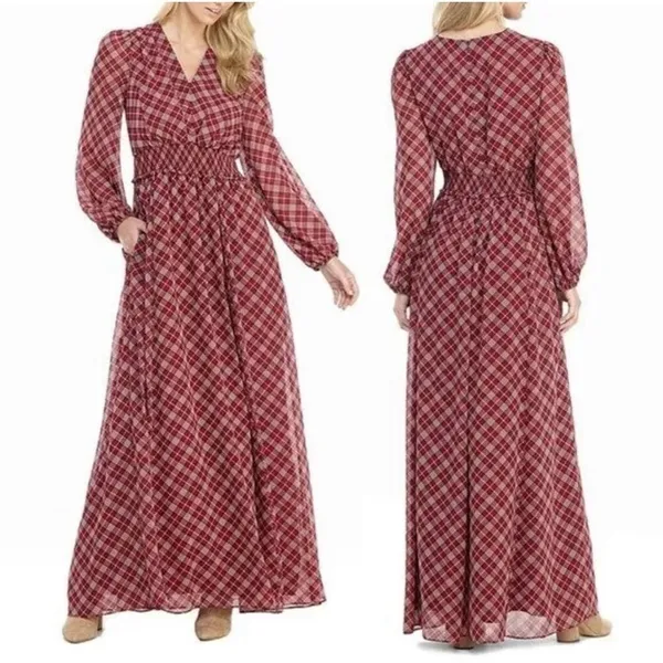 Gal meets glam Robyn maroon plaid long sleeve maxi dress size 0 - Image 2