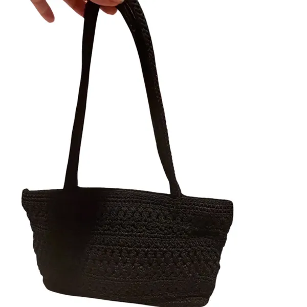 The Sak Black Crochet Shoulder Bag Woven Knit Tote Zip Top Boho Purse 90's Y2K - Image 11