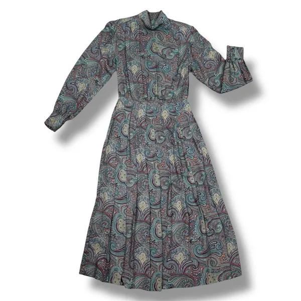 Vntg J.G. Hook Paisley Pleated Mock Neck Maxi Dress Green Multi Size‎ 4 Heritage - Image 13