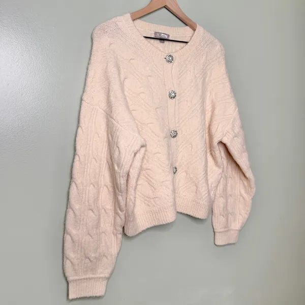 J. Crew Wool Alpaca Cable Knit Cardigan Sweater Jewel Buttons Cream Beige Medium - Image 5