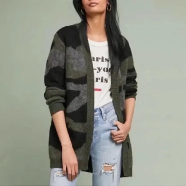 Anthropologie Camo Gray & Black Open Front Oversized Cardigan (Size XS) - Image 2