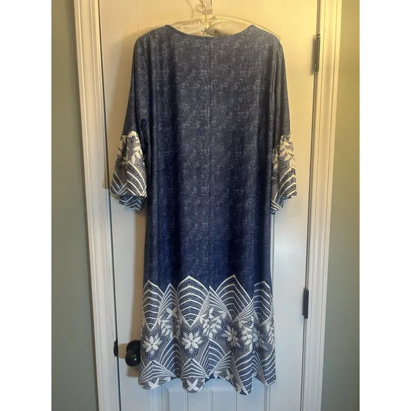 Chelsea Taylor 2X Blue Faux Denim Dress Lace Trim Ring Neck Stretch Midi Plus - Image 7