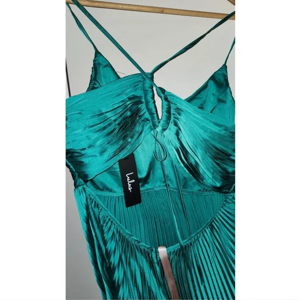 Lulus Green Pleated Satin Maxi Dress - Image 5