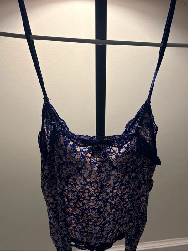 Makeup Forever Navy Floral Satin Lace-Trim Chemise - Image 2