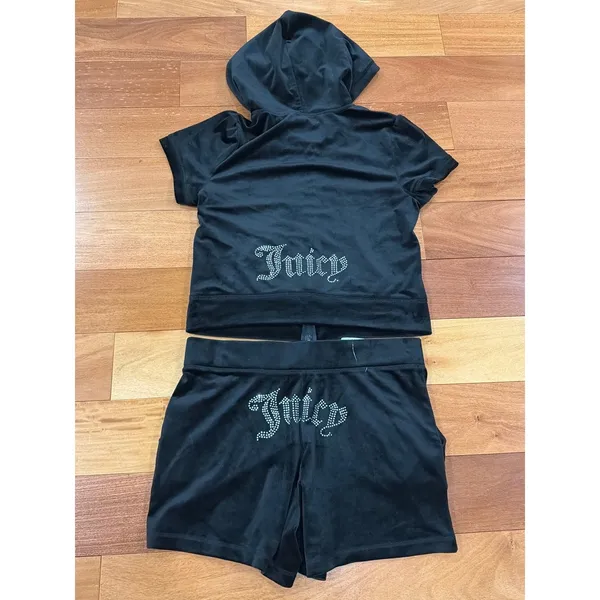 Juicy Couture NWT Tracksuit Set Womens Black Velour Rhinestone Hoodie Shorts L - Image 4