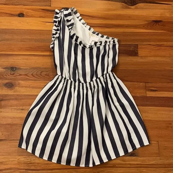 Entro Blue Mini Dress Women's Size L One Shoulder Ruffled Striped NEW - Image 5
