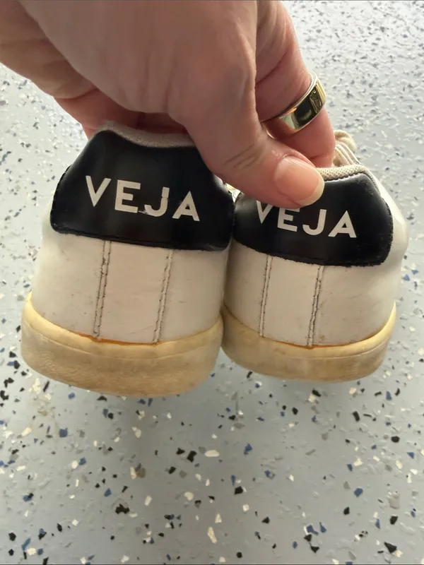 Veja White Sneakers with Black V Logo well used size 41 - Image 5