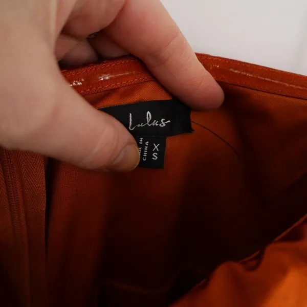 Lulus Memorable Entrance Maxi Dress Womens XS Rust Orange Satin Strapless Fitted - Image 5
