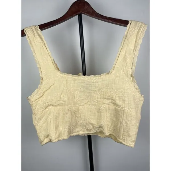 Forever 21 Soft Yellow Gauze Peasant Corset Floral Crop Tank Blouse Size L‎ - Image 7