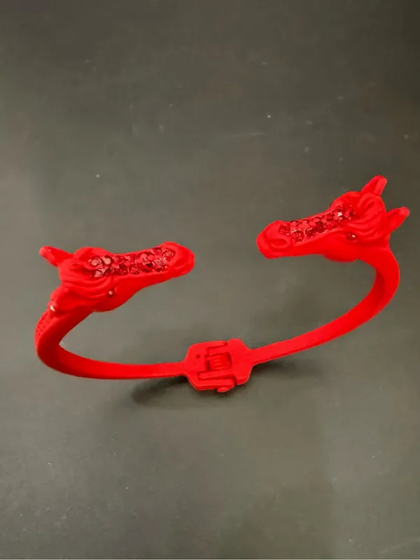 Red-tone Double Horse Head with Rhinestones Open Cuff Bangle Bracelet - Image 3