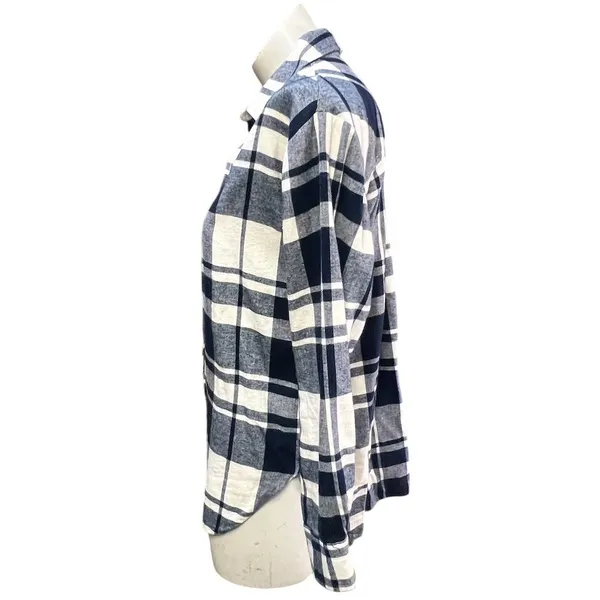 LOFT Women's Plaid Flannel Tunic Shirt Navy Blue & White Size M - Image 5