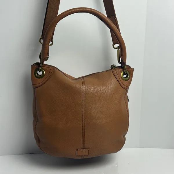 Fossil Cognac Brown Pebbled Leather Hobo Crossbody Bag Antique Brass Hardware - Image 5