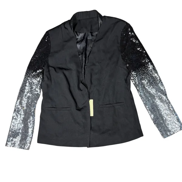 Ebossy Sequin Ombre Sleeve Blazer Womens Large Black Silver Glam Jacket - Image 11