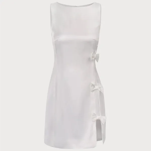 RIHOAS The White Boat Neck Bowknot Satin Mini Dress - Image 6