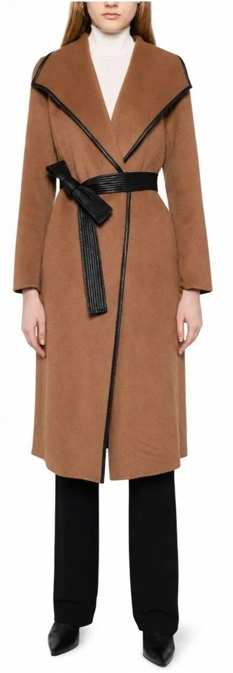 Tahari Wool Blend Faux Leather Trim Belted Coat Caramel Size Medium - Image 2
