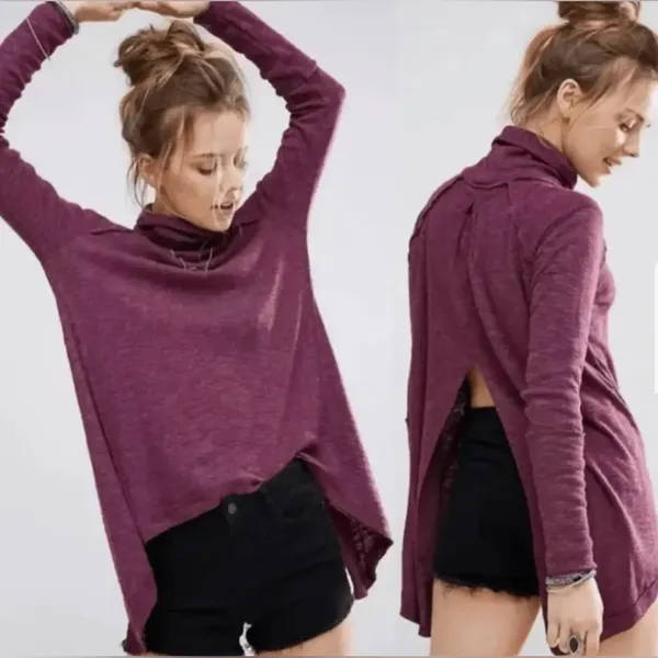 Free People We the Free Oversized Split Back Turtleneck Sweater Tunic Top‎ Plum - Image 3