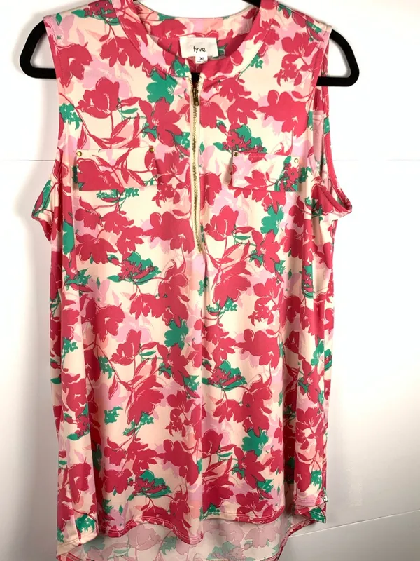 Fyve Womens XL Tropical Floral Sleeveless Blouse Pink High Low Tunic - Image 2