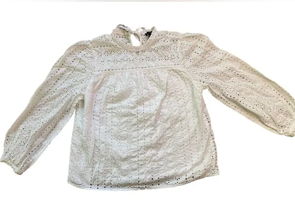 J. Crew White Eyelet Cotton Long Sleeve Tie Back Blouse - Image 2