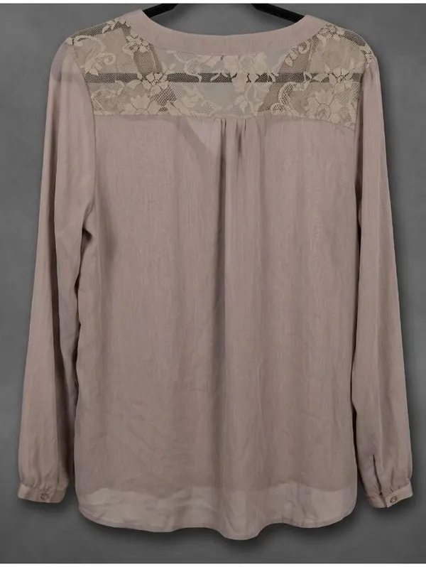 The Limited Taupe Sheer Chiffon Blouse Lace Yoke Tie Neck Long Sleeve Size XL - Image 2