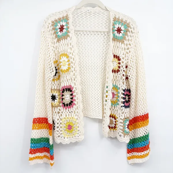 Womens Boho Granny Square Rainbow Crochet Festival Open Knit Cardigan Size S‎ - Image 2