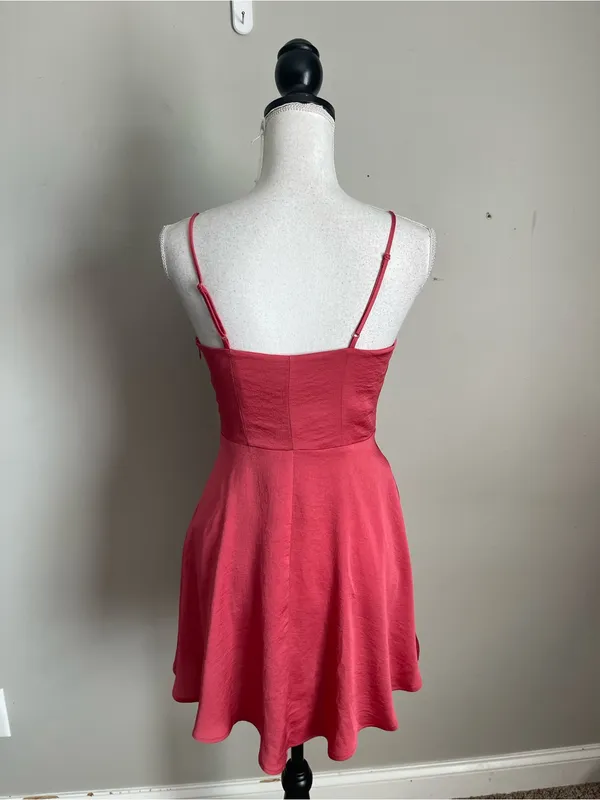 EXPRESS Rose Red Satin Faux Wrap Mini Flare Dress Sz XS - Image 6