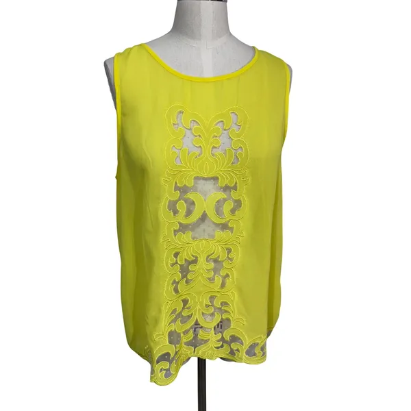 YA Los‎ Angeles L Yellow Tank Top Women's Silk Blend Embroidered Mesh Panel - Image 2